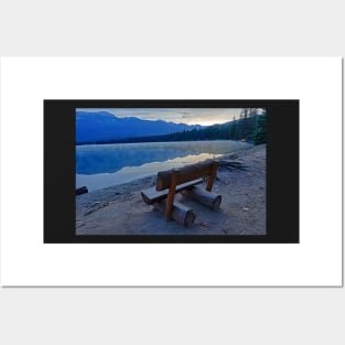 Cavell Lake Wooden Bench Morning Jasper National Park Fall Leaves Posters and Art